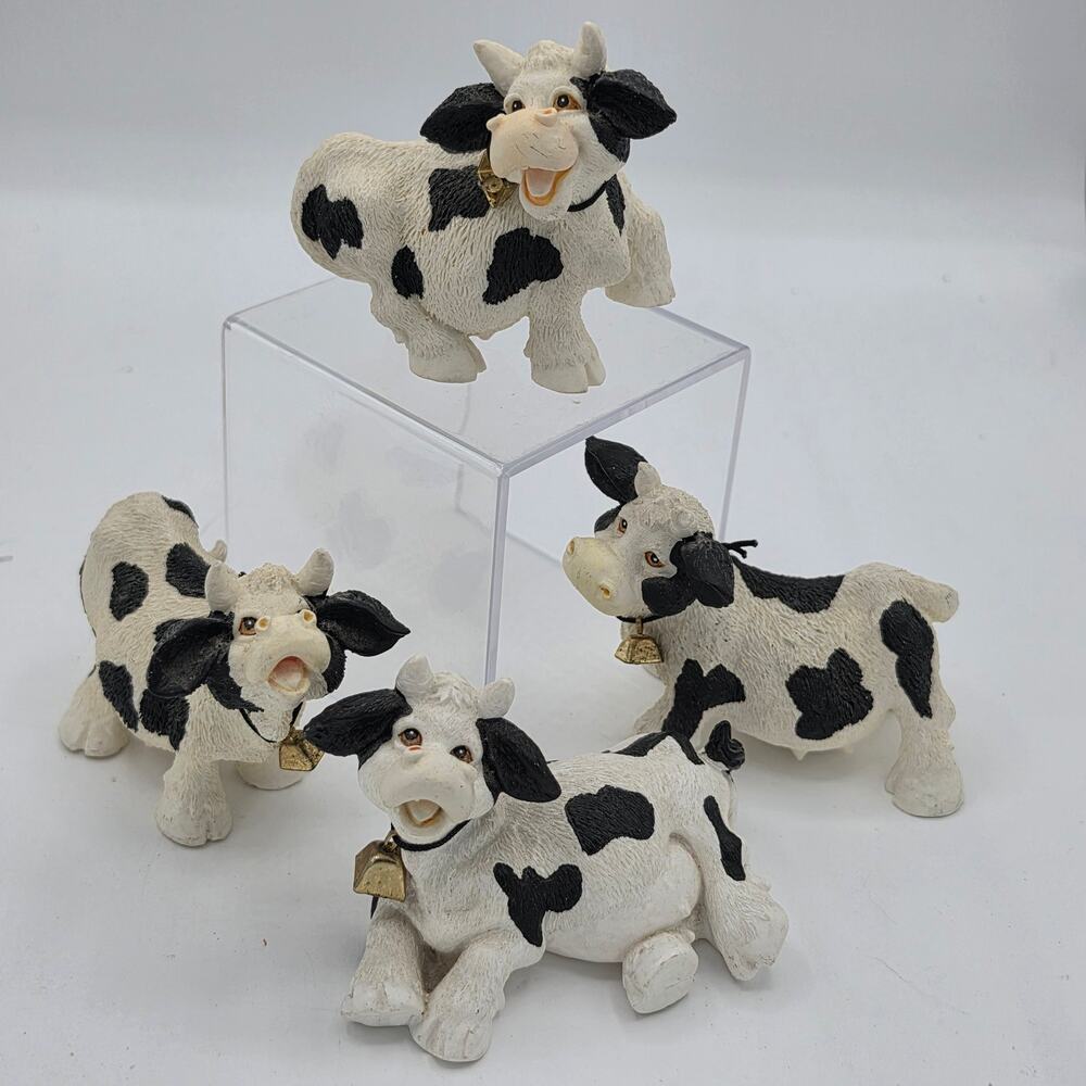 Vintage Character Collectibles Resin Holstein Cow Figurines with Metal Bells Set